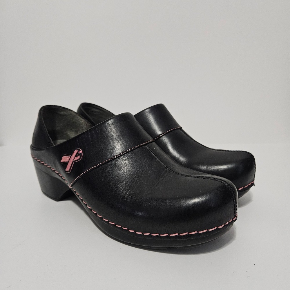 Dansko Clogs Size 39 Black Leather Pink Ribbon Breast Cancer Awareness Nurse